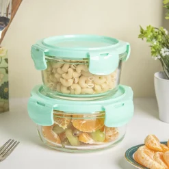 Borosilicate Food Containers (Pack of 2 - 410ml & 570ml) Green Lid