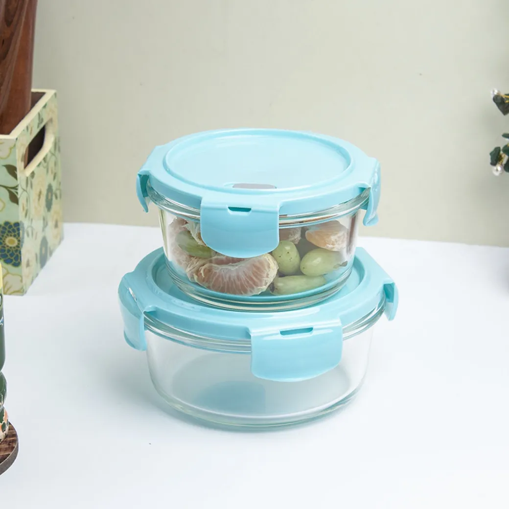 Borosilicate Food Containers (Pack of 2 - 410ml & 570ml) Blue Lid