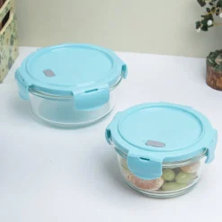 Borosilicate Food Containers (Pack of 2 - 410ml & 570ml) Blue Lid