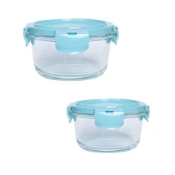 Borosilicate Food Containers (Pack of 2 - 410ml & 570ml) Blue Lid