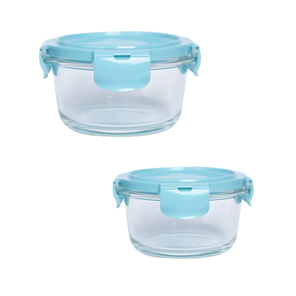 Borosilicate Food Containers (Pack of 2 - 410ml & 570ml) Blue Lid