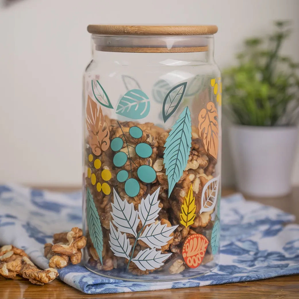 Borosilicate Glass Jar - 950Ml, Leaf Prints
