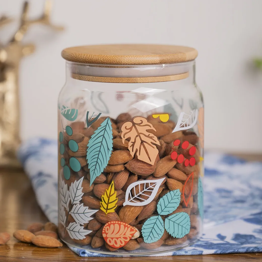 Borosilicate Glass Jar - 650Ml, Leaf Prints