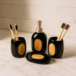 Ceramic Bathroom Set of 4 – Black Classic Glossy Finish