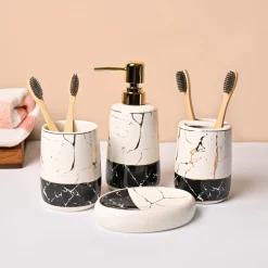 Ceramic Bathroom Set of 4 – White & Black Marble Finish