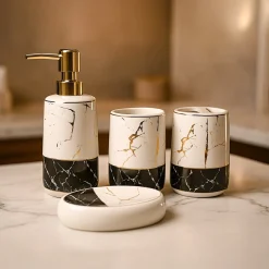 Ceramic Bathroom Set of 4 – White & Black Marble Finish