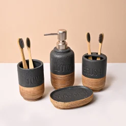 Ceramic Bathroom Set of 4 – Black & Brown Wooden Elegance