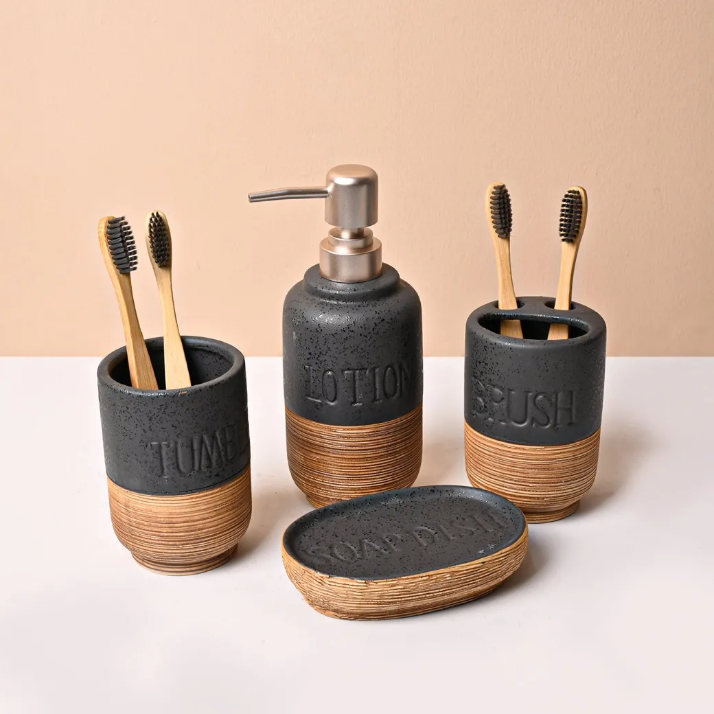 Ceramic Bathroom Set of 4 – Black & Brown Wooden Elegance