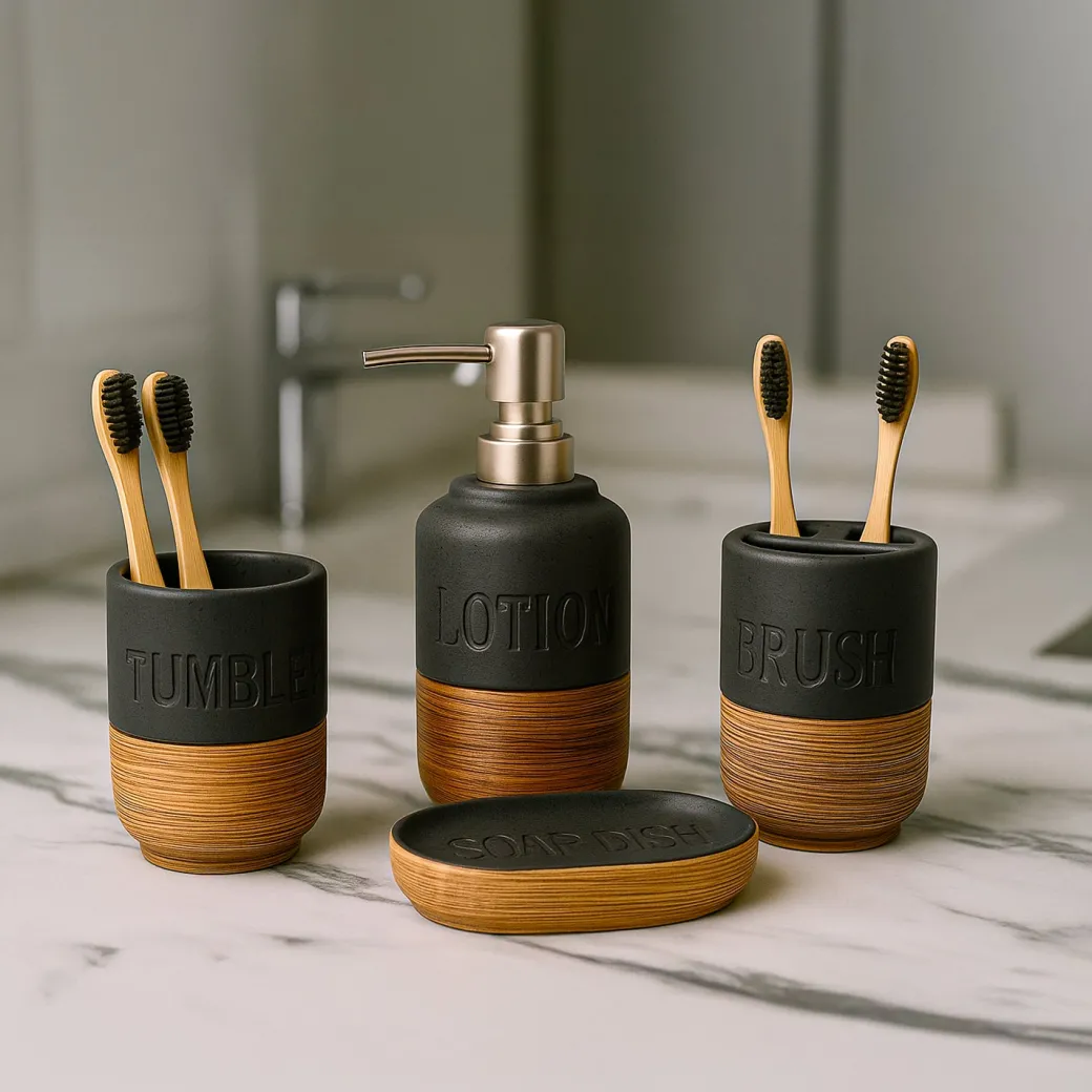 Ceramic Bathroom Set of 4 – Black & Brown Wooden Elegance