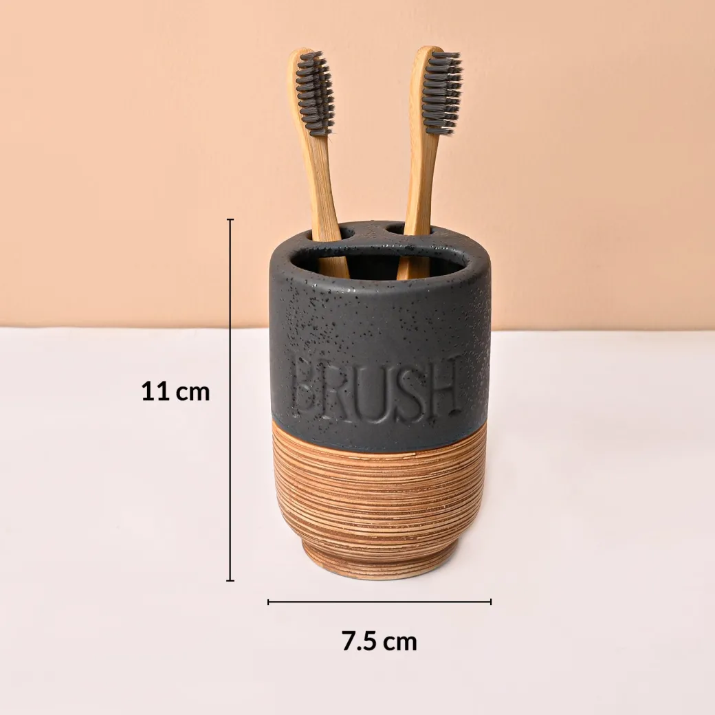 Ceramic Bathroom Set of 4 – Black & Brown Wooden Elegance