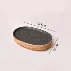 Ceramic Bathroom Set of 4 – Black & Brown Wooden Elegance
