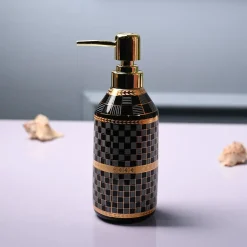 Ceramic Black Cylindrical Soap Dispenser - Geometrical Glossy Finish