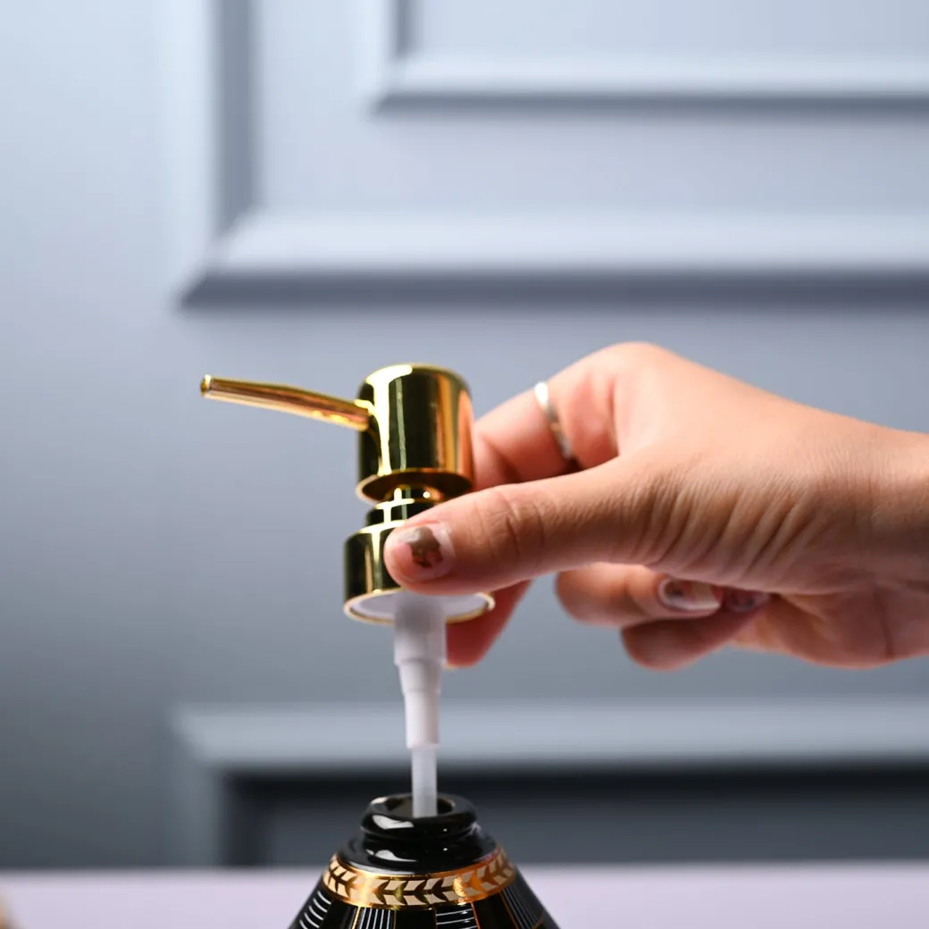 Ceramic Black Cylindrical Soap Dispenser - Geometrical Glossy Finish
