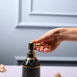 Ceramic Black Cylindrical Soap Dispenser - Geometrical Glossy Finish