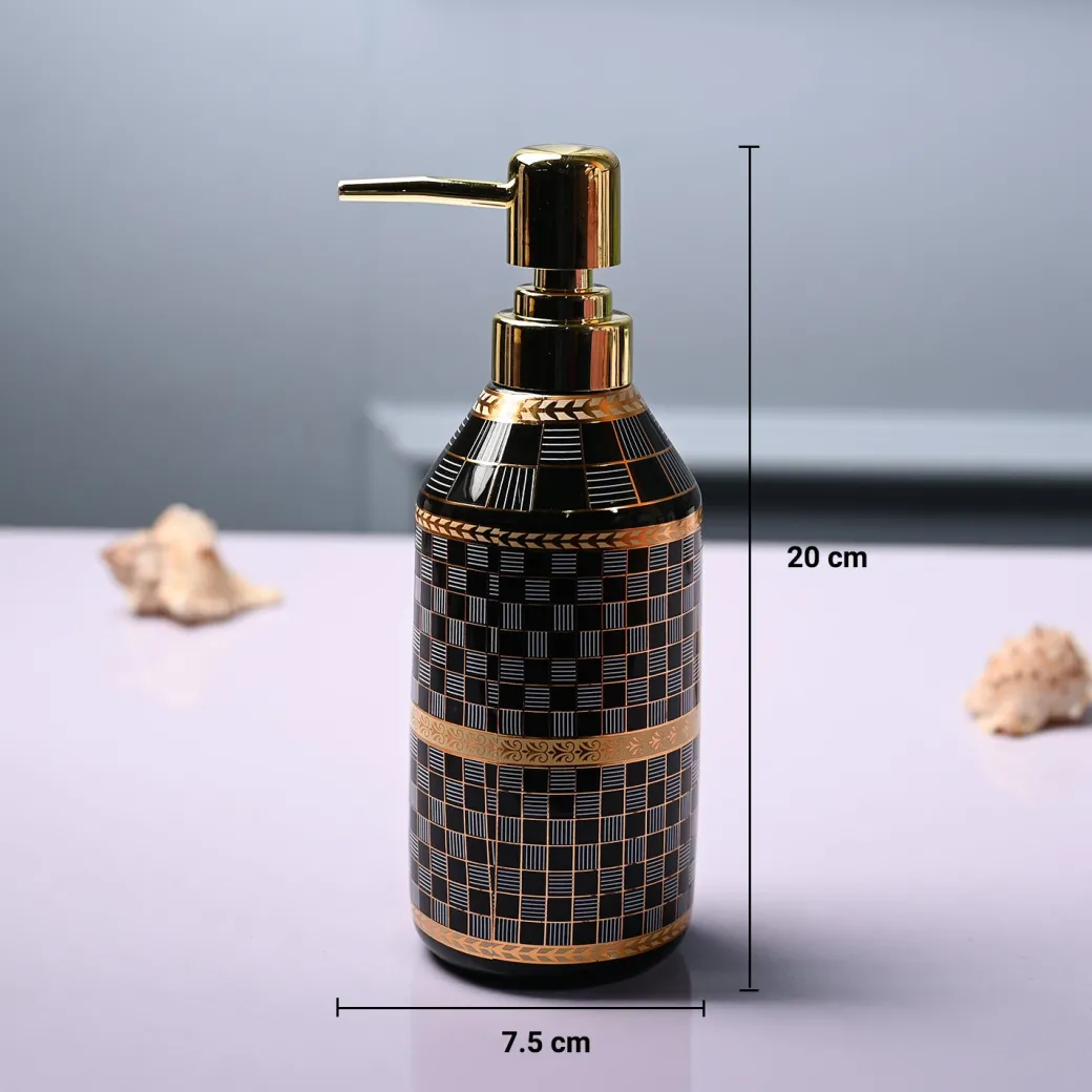 Ceramic Black Cylindrical Soap Dispenser - Geometrical Glossy Finish