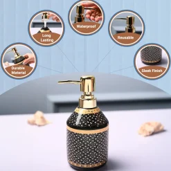 Ceramic Black Cylindrical Soap Dispenser - Dot Design Glossy