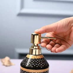 Ceramic Black Cylindrical Soap Dispenser - Dot Design Glossy