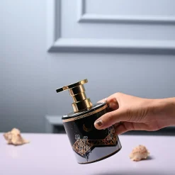 Ceramic Black Cylindrical Soap Dispenser - Print Design Glossy Finish