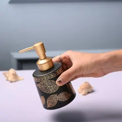 Ceramic Black Cylindrical Soap Dispenser - Leaf Print Matte Finish