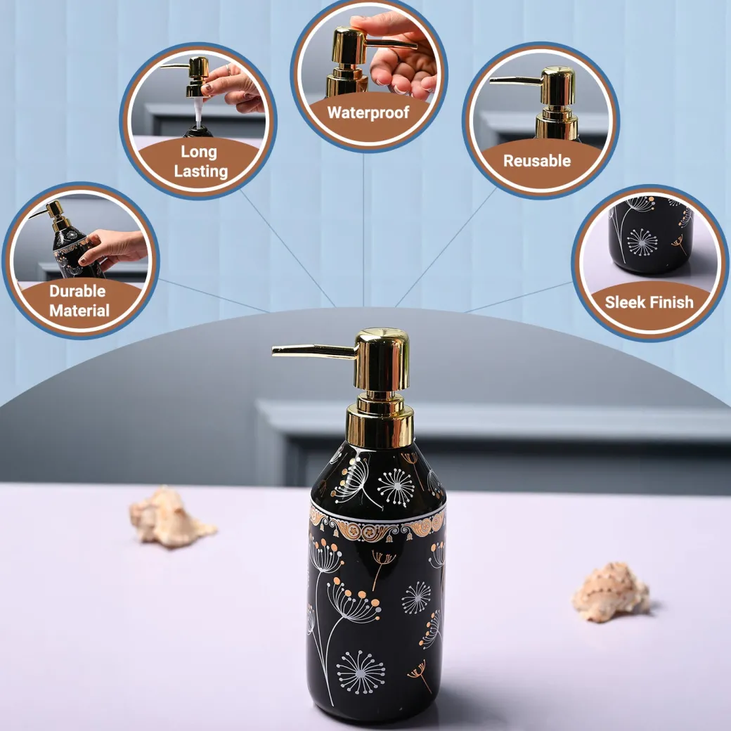 Ceramic Black Cylindrical Soap Dispenser - Flower Design Glossy Finish