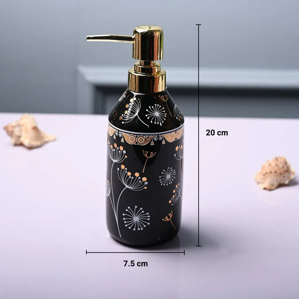 Ceramic Black Cylindrical Soap Dispenser - Flower Design Glossy Finish