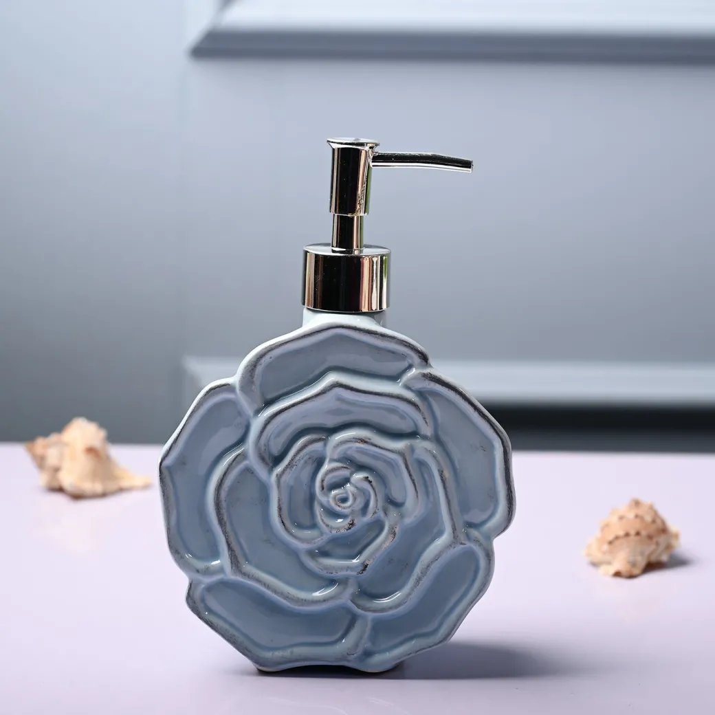 Ceramic Blue Rose Shaped Soap Dispenser - Flower Design Matte Finish