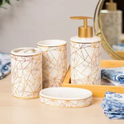 Ceramic Cylindrical Bathroom Set Of 4 - Geometric Pattern, Bath Accessories