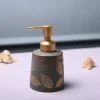 Ceramic Grey Cylindrical Soap Dispenser - Leaf Print Matte Finish