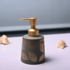 Ceramic Grey Cylindrical Soap Dispenser - Leaf Print Matte Finish
