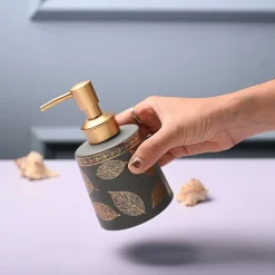 Ceramic Grey Cylindrical Soap Dispenser - Leaf Print Matte Finish