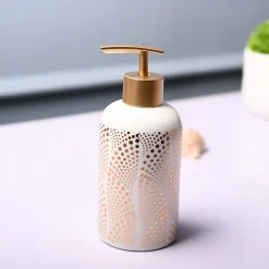 Ceramic Off White Cylindrical Soap Dispenser - Dot Design Glossy Finish