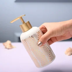 Ceramic Off White Cylindrical Soap Dispenser - Dot Design Glossy Finish
