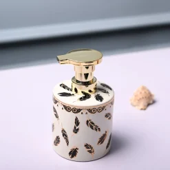 Ceramic Off White Cylindrical Soap Dispenser - Leaf Design Glossy Finish