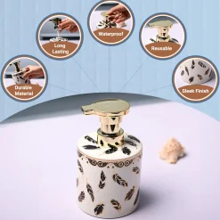 Ceramic Off White Cylindrical Soap Dispenser - Leaf Design Glossy Finish