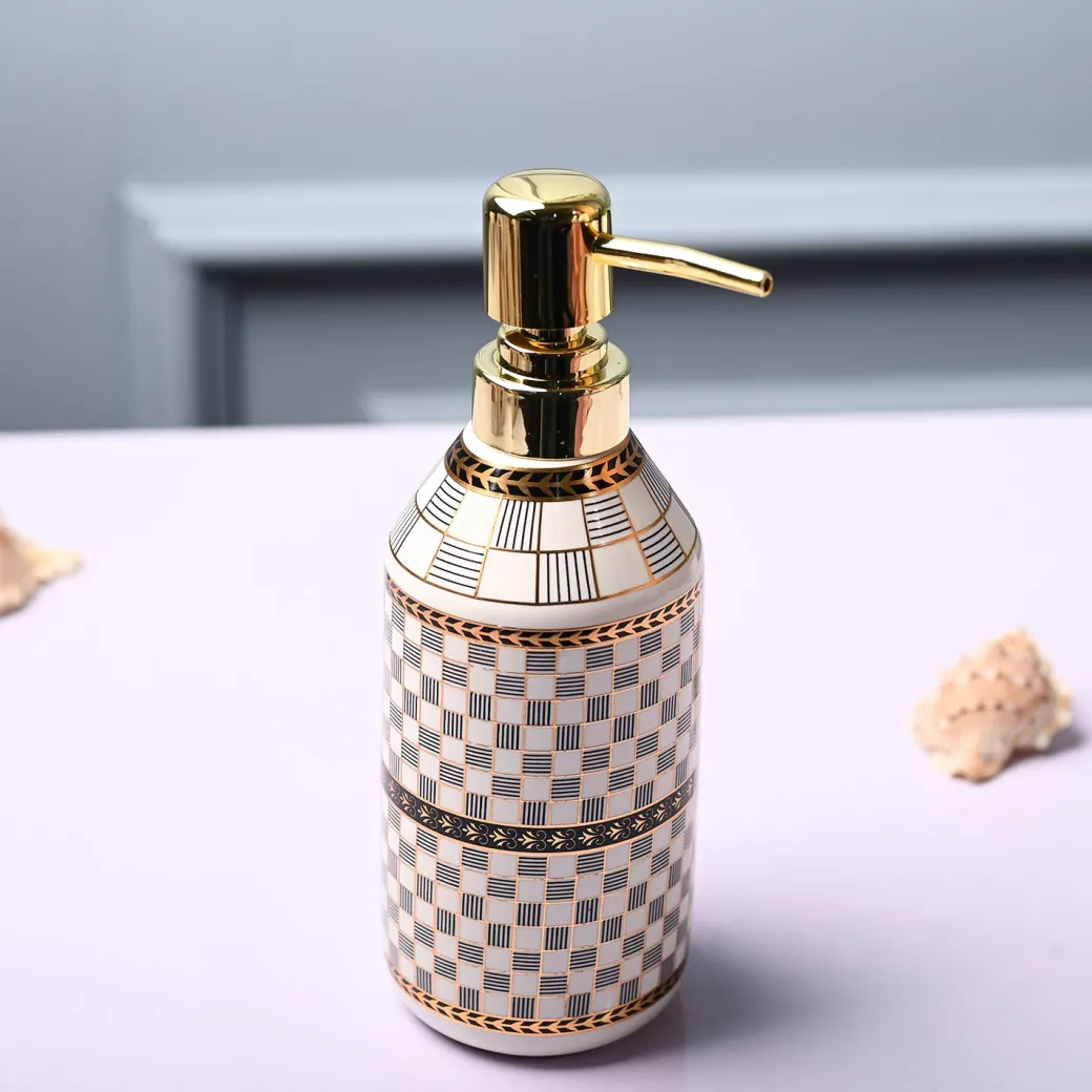 Ceramic Off White Cylindrical Soap Dispenser - Geometrical Glossy Finish