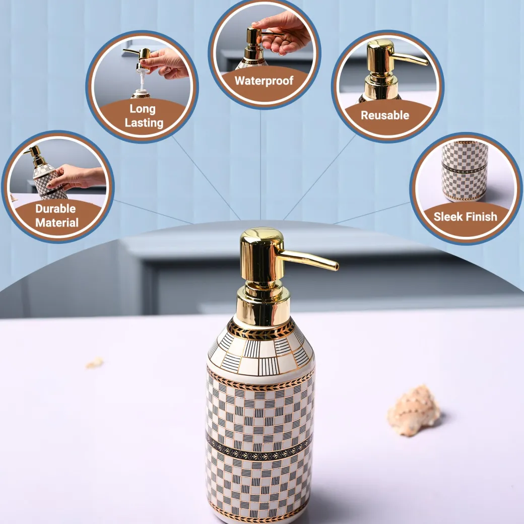 Ceramic Off White Cylindrical Soap Dispenser - Geometrical Glossy Finish