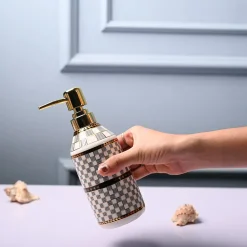 Ceramic Off White Cylindrical Soap Dispenser - Geometrical Glossy Finish