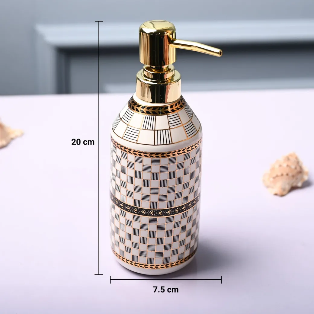 Ceramic Off White Cylindrical Soap Dispenser - Geometrical Glossy Finish