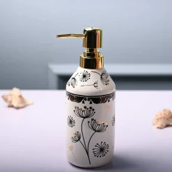 Ceramic Off White Cylindrical Soap Dispenser - Flower Design Glossy Finish