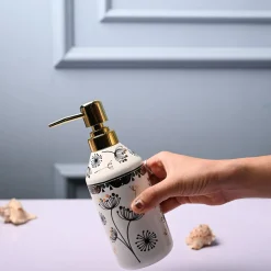 Ceramic Off White Cylindrical Soap Dispenser - Flower Design Glossy Finish