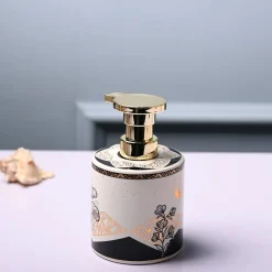 Ceramic Off White Cylindrical Soap Dispenser - Print Design Glossy Finish