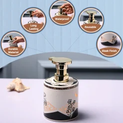 Ceramic Off White Cylindrical Soap Dispenser - Print Design Glossy Finish