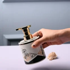 Ceramic Off White Cylindrical Soap Dispenser - Print Design Glossy Finish