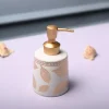 Ceramic Off White Cylindrical Soap Dispenser - Leaf Print Matte Finish