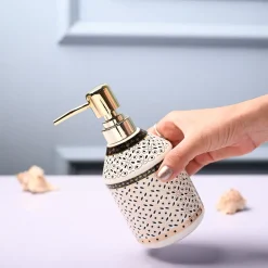 Ceramic Off White Soap Dispenser - Geometrical Glossy Finish