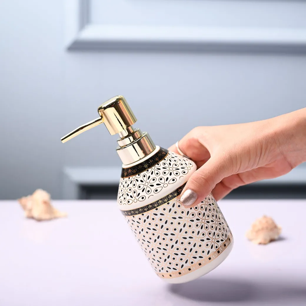 Ceramic Off White Soap Dispenser - Geometrical Glossy Finish