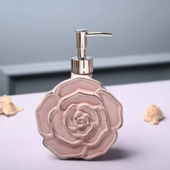 Ceramic Pink Rose Shaped Soap Dispenser - Flower Design Matte Finish