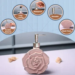 Ceramic Pink Rose Shaped Soap Dispenser - Flower Design Matte Finish