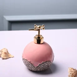 Ceramic Pink Round Soap Dispenser - Embossed Glossy Finish