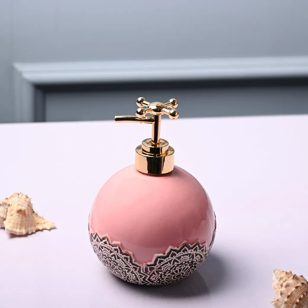 Ceramic Pink Round Soap Dispenser - Embossed Glossy Finish